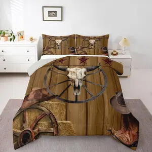 Western Decor Comforter Set,Cow Skull Cowboy Boots Hat Quilt Adult,Texas Star Print Wagon Wheel Barn Door Bedding Set,Country Rustic Farmhouse Comforter