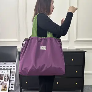 Chic Two-Tone Drawstring Shopping Bag - Foldable, Fixed Shoulder Strap, with Label Patch, Ideal for Daily Use, Large Capacity Bag