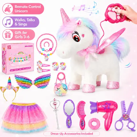 DOIOWN Remote Control Plush Unicorn Kids Toy - Walks, Talks, Sings, Interactive Pet with Cute Dress-Up Outfits, Accessories, Earrings, Comb, Hair Dryer, Perfect Gift for 4-6 Years Girls