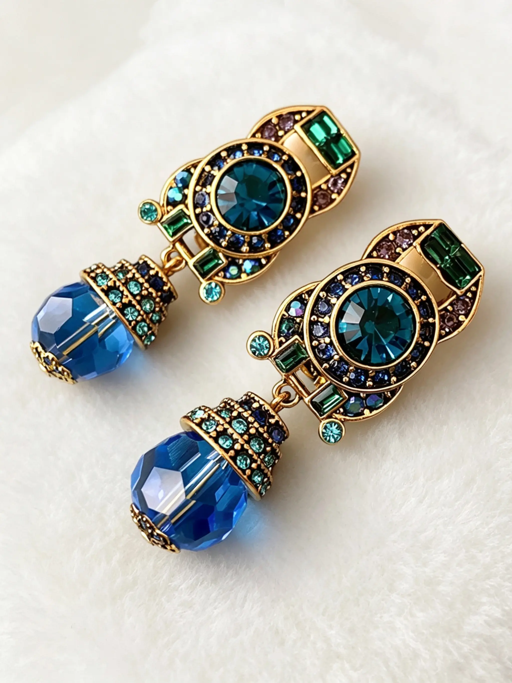 Vintage Blue Ear Clip, Elegant Ethnic Pattern, Fake Piercing Earring, Sparkling Ear Jewelry, Shining Earrings, All-Season Accessory, Perfect Gift for Her/mother's Day