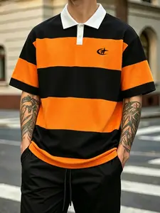 Men's Black Orange Rugby Stripe Polo Shirt, Contrast White Collar Color Block Short Sleeve Tee, Loose Oversized Casual Streetwear, Vintage Preppy Summer Outfit for Daily Commute, Campus, Street Style Wear, Sporty #springsaledeals2026 #summeroutfits