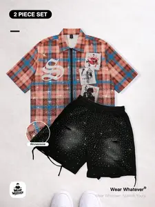 Casual Gothic Face Rhinestone 「2-Piece Set」 Breathable Short Sleeve Graphic Shirt + Shorts, Unisex Fashion Outfit for Outdoor Activities