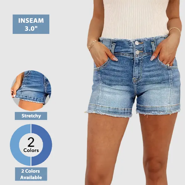 Flamingals Raw Hem Ripped Dual Button High Waist Denim Shorts Womenswear Bottom Fit Casual Fashion Basic Summer Vibes
