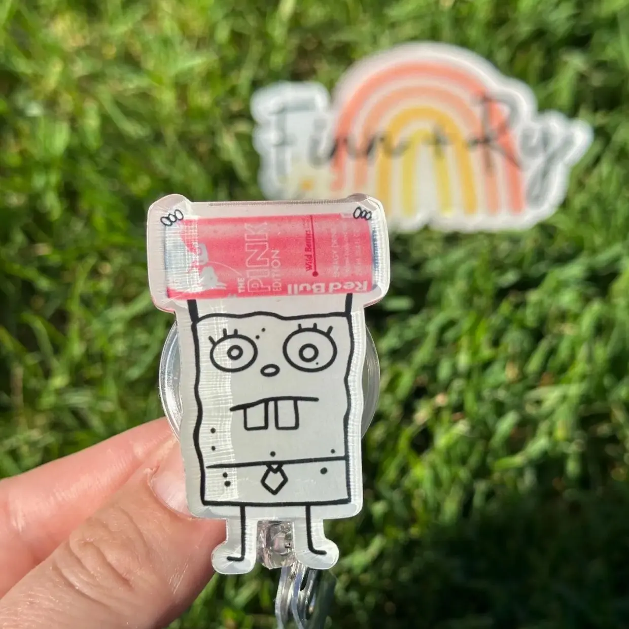Cartoon Doodle Energy Drink Pink Wildberry  - Nurse badge reel, RN, MD, Paramedic, RT, Phlebotomist, healthcare work accessory