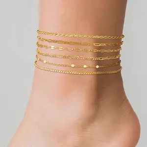 Tewiky Dainty Layered Waterproof 6pcs Anklet For Women Adjustable Womens Anklet Set Stackable Figaro Beaded Cuban Link Anklets Daily Clothing Decor For Beach Summer Trendy All-match & Exquisite Jewelry For Mother’s Day Gift