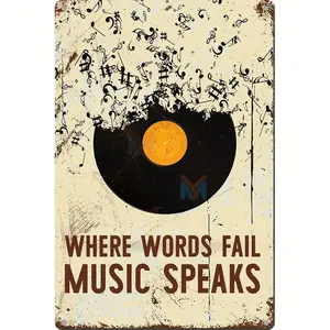 Vintage Metal Music Sign with Vinyl Record and Musical Notes for Wall Decor 8x12 Inches