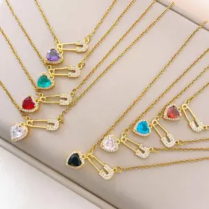 Safety Pin Necklace for Women Gold Crystal Heart Pendant Necklace Cross Cubic Zirconia Necklace Paper Clip Necklace Pink Gemstone Necklace Fashion Jewelry