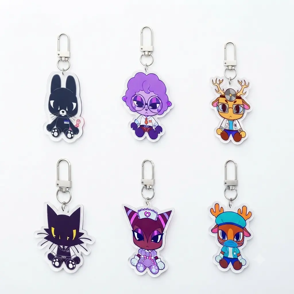 Animal Hospital acrylic keychain, Ratthew, Doctor Harlow, Secretary, Ron from Accounting, Barney, Head Nurse, Intern, Secret Agent, Supervisor