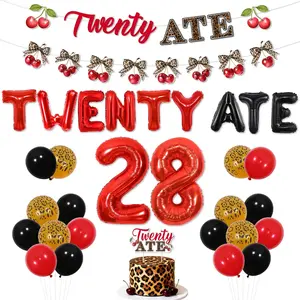 Cherry Cheetah Print 28th Birthday Decorations, Twenty Ate Birthday Decoration Cherry Cheetah Print Banner Garland Cake Cupcake Topper Foil Latex Balloon f