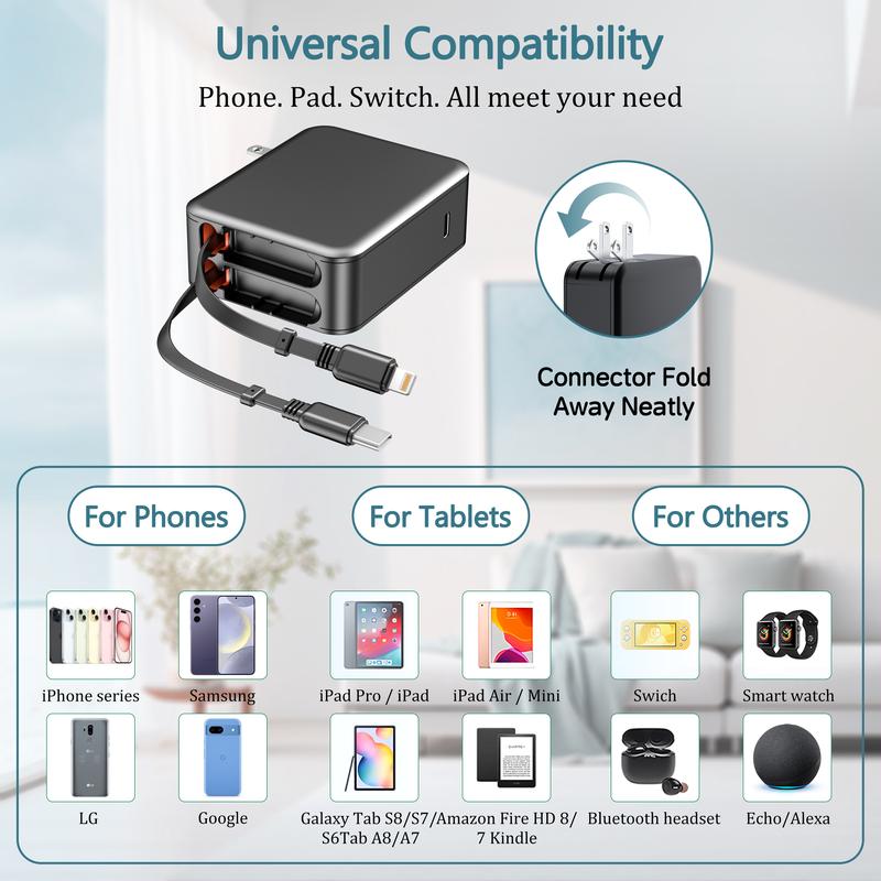 35W Retractable Wall Charger with Dual Charging Cables & 3-Port USB Hub, Fast Charging for iPhone, iPad, Tablets, Samsung, LG & More 35W Retractable Wall Charger with Dual Charging Cables & 3-Port USB Hub, Fast Charging for iPhone, iPad, Tablets, Samsung, LG & More
