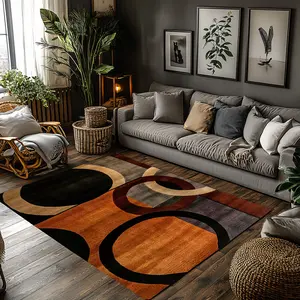 Burnt Orange Beige Black Abstract Geometric Crystal Velvet Area Rug Non‑Slip Modern Living Room Rug#AbstractGeometricRug #ModernHomeDecor #BurntOrangeBeigeBlackRug #ContemporaryPatternCarpet #CrystalVelvetRug