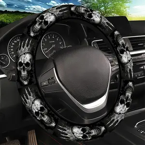 Black & White Abstract Skull Pattern Steering Wheel Cover, Edgy Artistic Style - Fit Car Interior Accessory, Durable Material, No Inner Ring, For All Seasons Automotive Accessories, Best Festive Gift Item For Family.11.25QWA-654