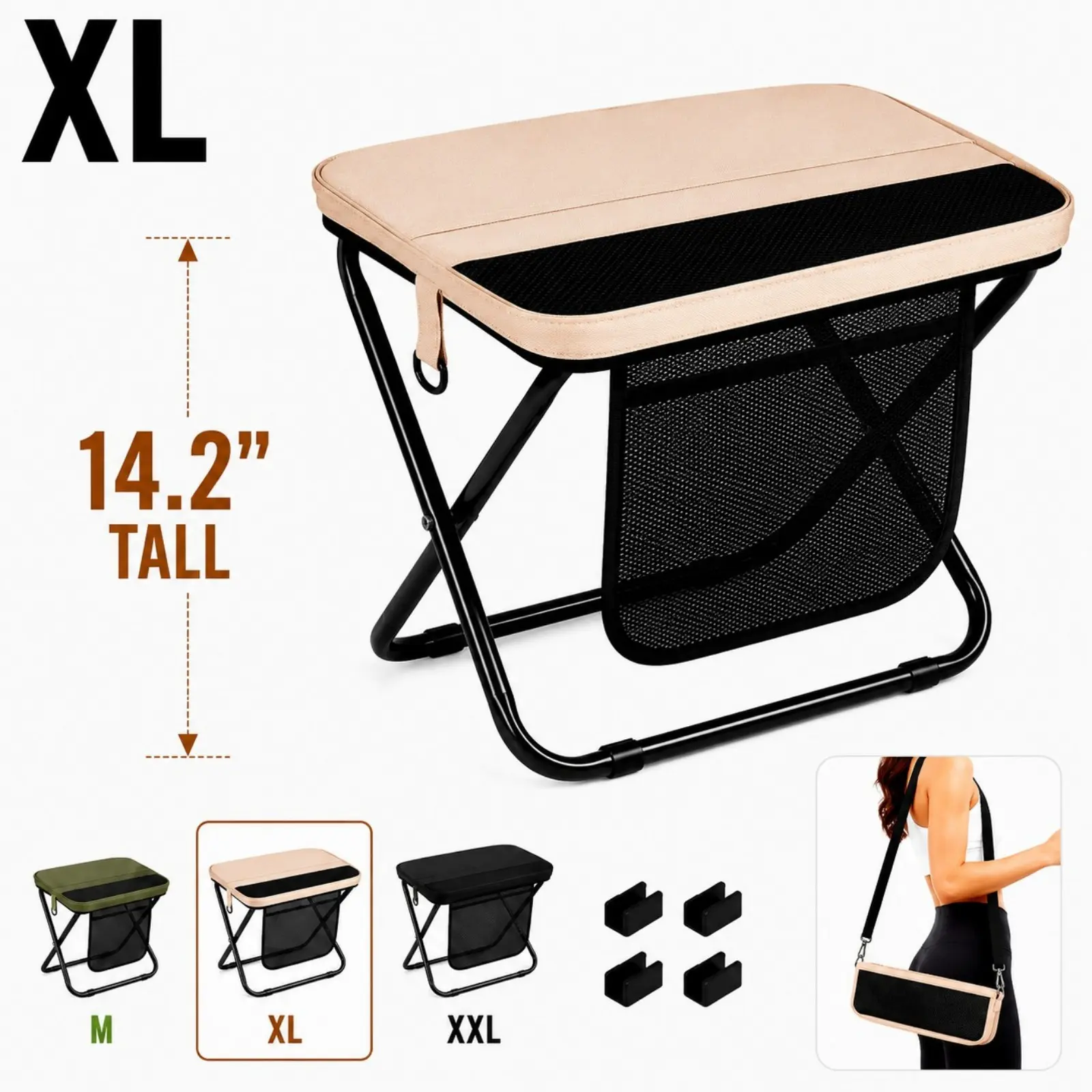 Wstrnix 14.2" Extra Tall Quad Fold Easy-Carry Folding Travel Stool for Adults - 2-in-1 Portable Outdoor Sports Stool with Shoulder Strap, Lightweight for Hiking/Light Outdoor Events, Easy-Carry Stools