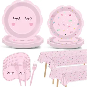 98 Pcs Spa Theme Party Decorations Supplies Pink Spa Paper Plates Napkins Tablecloths Slumber Sleepover Disposable Tableware Dinnerware Set for Girls Makeup Birthday Pajama Party Favors Table Decor
