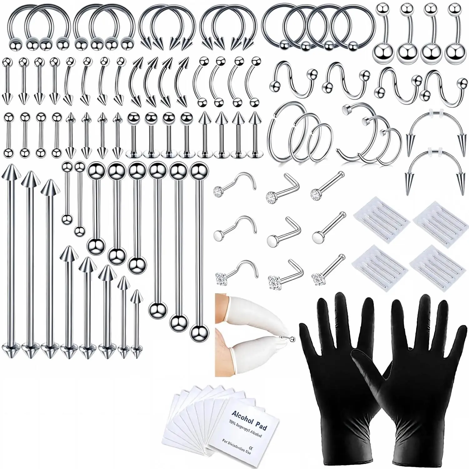 A-minusone 98PCS Unisex Stainless Steel Body Piercing Kit - Multiple Pieces Solid Metal Jewelry, 12G/14G/16G/20G Needles, Includes Gloves for Nose Cartilage/Tragus/Lip