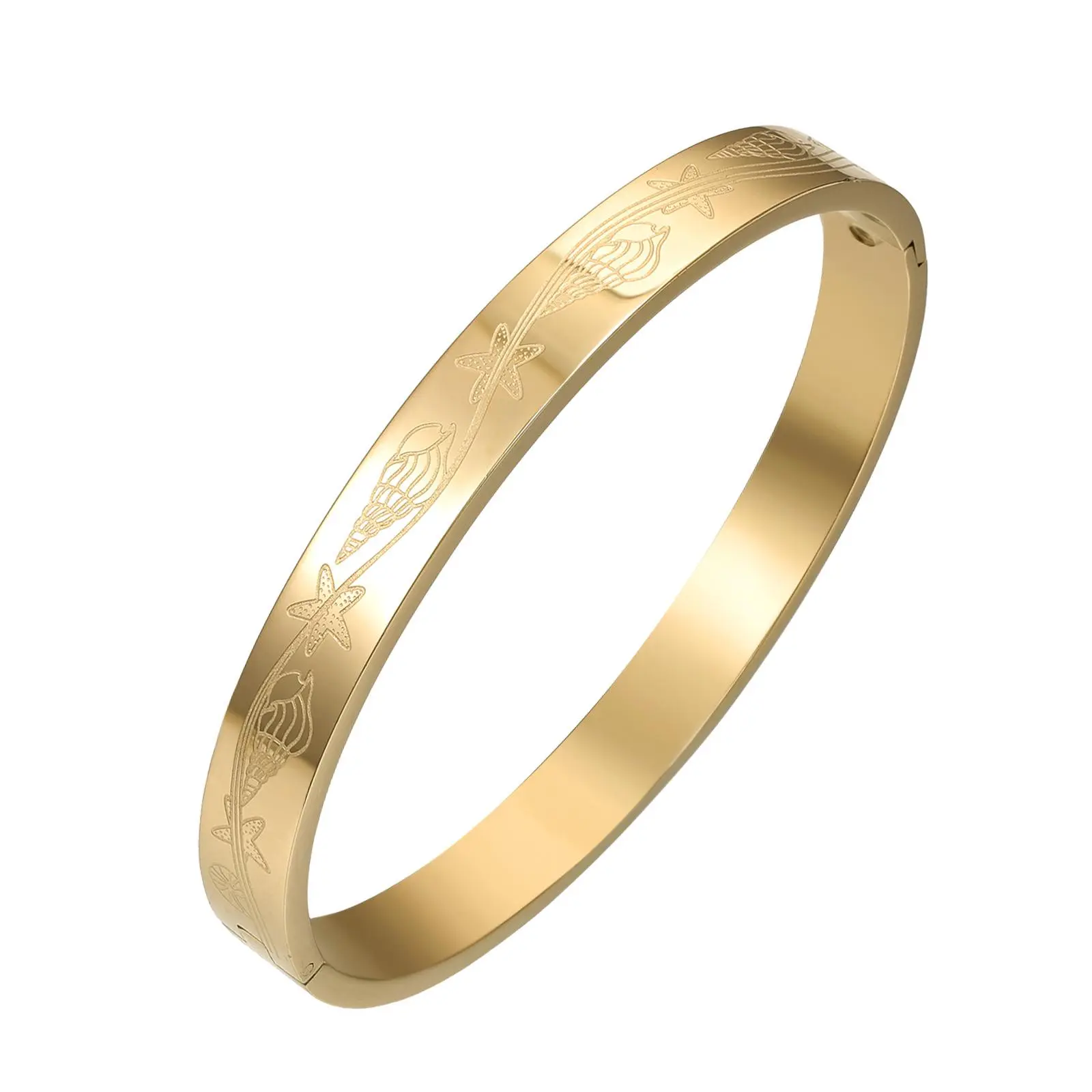 OIDEA Stainless Steel Cuff Bangle for Men & Women, Beach Style Jewelry with Engraved Starfish & Shell, 7.09" Comfortable Fit, Anniversary Birthday Gift, 7.09" Inner Circumference, Nautical Theme, Shell Motifs, Beachwear, Stacking, Inner 7.09", Starfish En