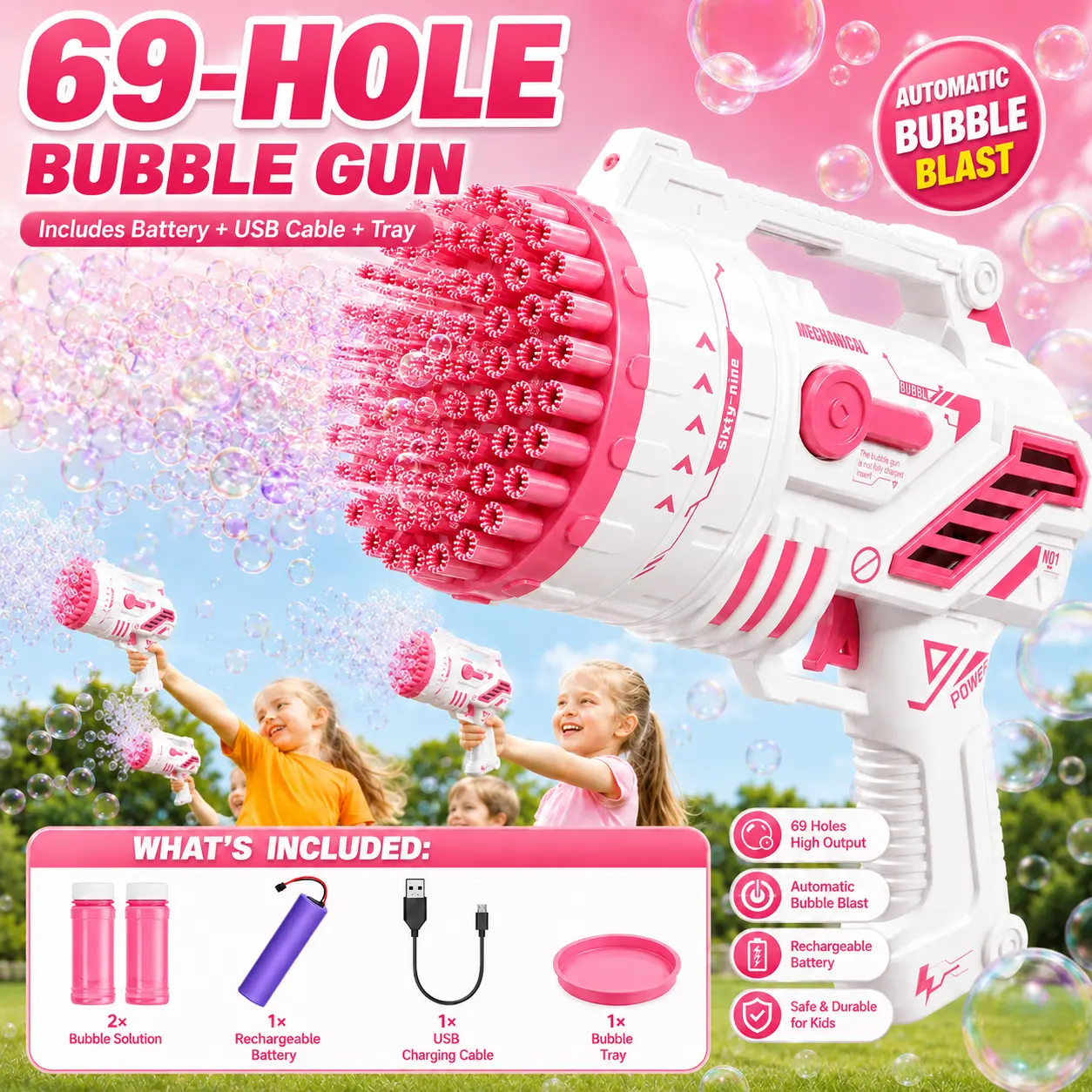 69-Hole Bubble Gun, Automatic Bubble Blower, Gatling-Style Bubble Shooter with Colorful LED Lights, Outdoor Family Toy for Kids 3+, Christmas or Birthday Gift, Party Bubble Machine, Automatic Bubble Machine, Portable Bubble Machine