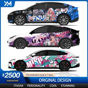 Custom vehicle wraps, Tesla color changes, racing liveries, custom automotive graphics, personalized styling, "itasha" (anime-style) designs, and custom decals.