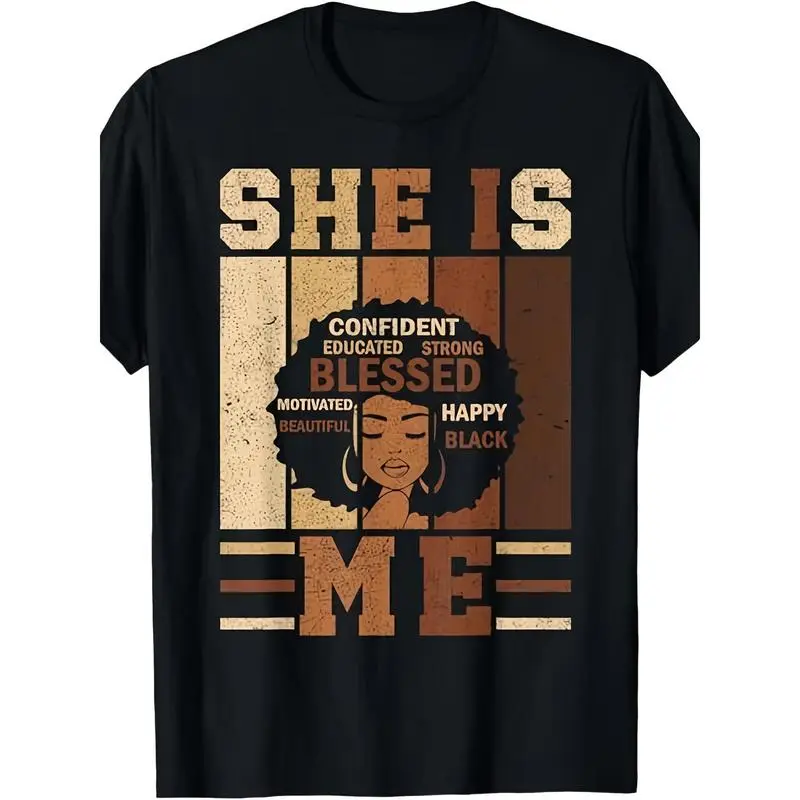 Unisex Cotton Empowering Black History Juneteenth T-Shirt - She Is Me Everyday Streetwear Apparel, Casual Crew Neck Shortsleeve Tee with African Woman Portrait, Positive Affirmations (Educated, Strong, Beautiful, Motivational Quotes), Regular Fit