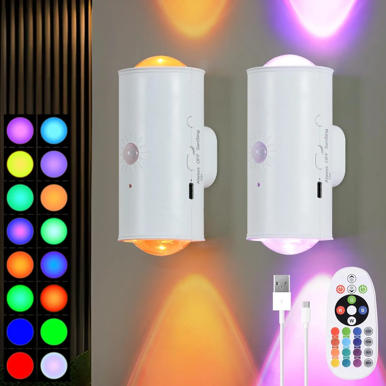 Smart LED Wireless Motion Sensor Night Light with Remote,RGB Gradient Ambient Dimmable Magnetic USB Rechargeable Wall Lamp,USB Chargingfor Bedroom,Bathroom,Closet,Hallway,Stairs
