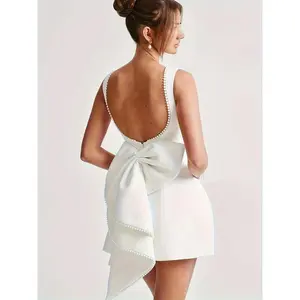 New elegant A-line sleeveless dress for women, featuring pearl embellishments and a detachable bow - slim fit, back zipper, machine washable, made of polyester bridal fabric, solid color basic style