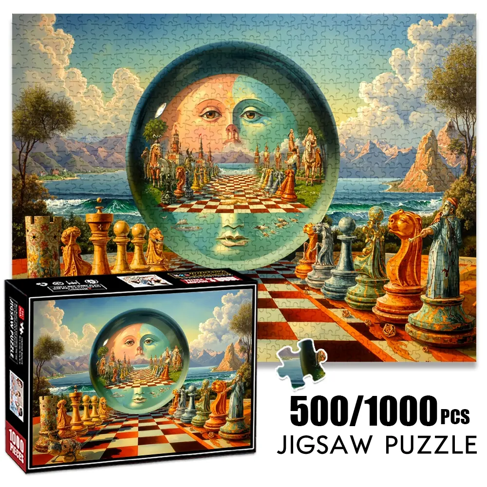 1pc 1000 piece adult puzzle 70x50cm Chess Pieces on Checkerboard with Giant Orb and Scenic Background 500 pieces of paper jigsaw puzzle, suitable for adults and families, large-scale DIY puzzle int