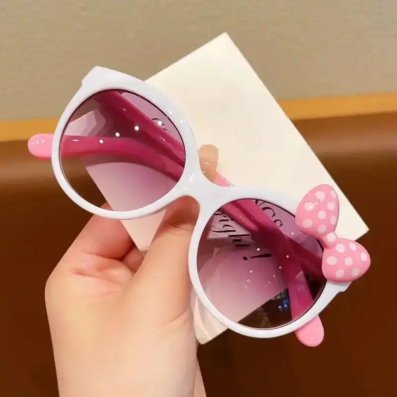 Cute Bow Decoration Round Frame Glasses for Boys & Girls - Pink & White Polka Dot Design, Lightweight Durable PC Frame, TAC Lenses, Mirror Coating, Includes Case - Casual Party & Eyewear, Everyday Fashion Glasses, Playful Eyewear, Stylish Eyewear, Quality