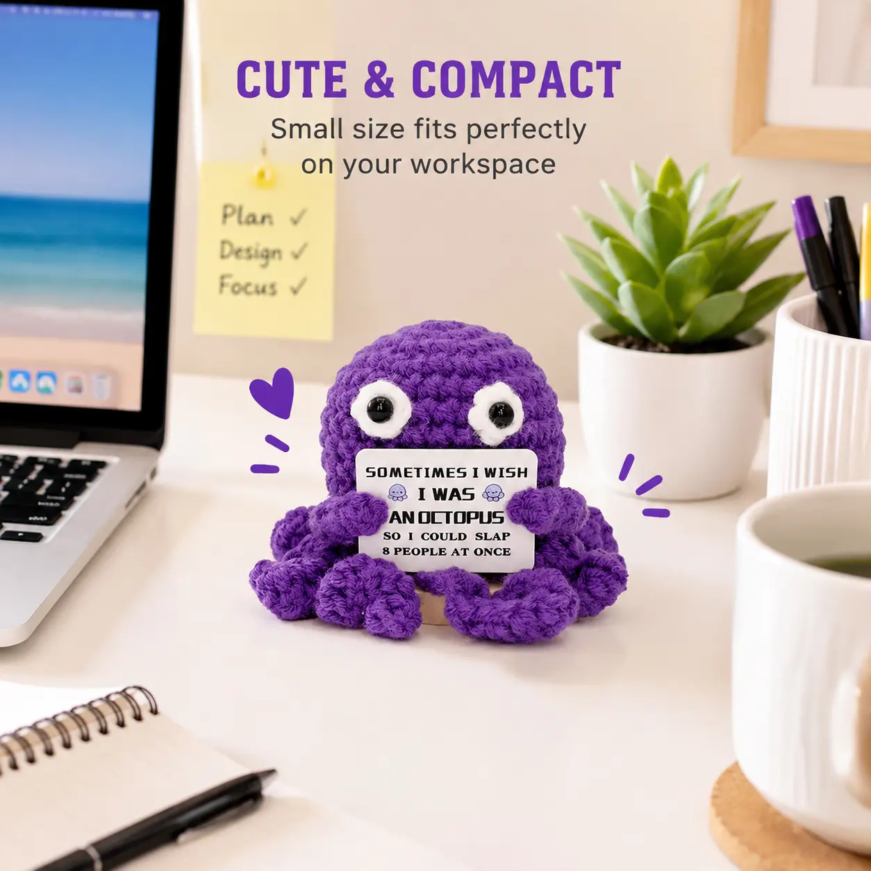 Handmade Crochet Octopus Desk Decor - Amigurumi Gift with Funny Meme Quote Sign, Cute Collectible Small Stress Relief Toy, Office Decor for Dorm Rooms, Coworker Emotional Support Ornament