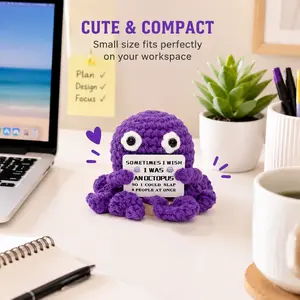 Cute Crochet Octopus Desk Decor with Funny Meme Quote Sign - Small Stress Relief Toy, Emotional Support Ornament, Funny Coworker Gift for Home & Office Use