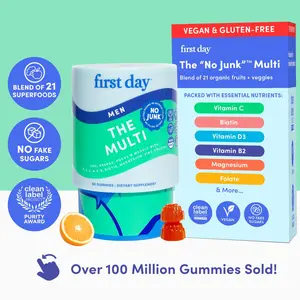 First Day Men's Multivitamin Gummies Ages 18+ - Vitamins A, C, D3, E, B12, Biotin, Magnesium, Zinc & Methylated Folate - 21 Organic Superfoods - Natural Orange Flavor - Vegan, Gluten-Free, No Junk - 30-Day Supply - Natural Supplement for Strength & Energy