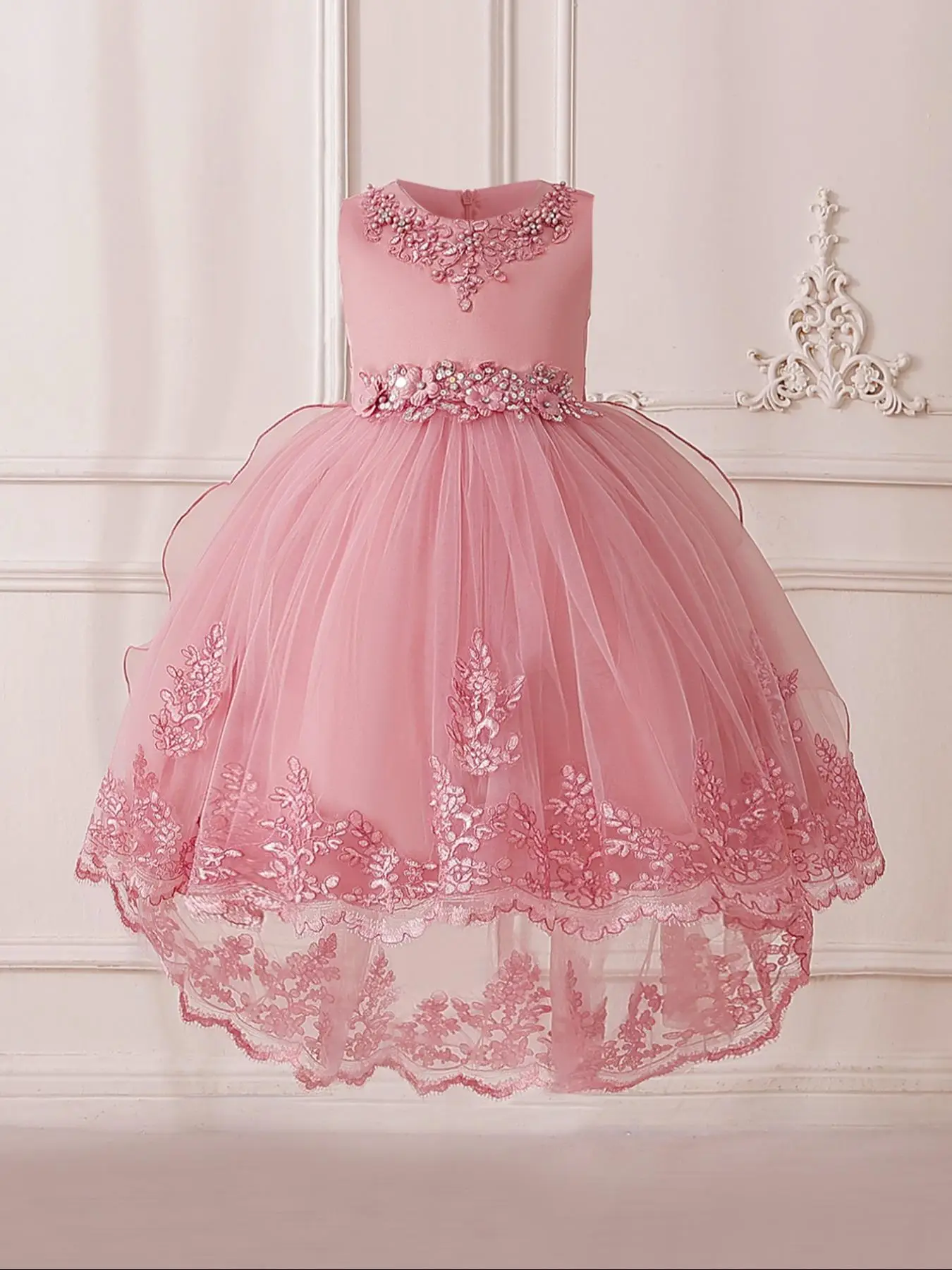 Toddler Girl's Rhinestone Appliques Tiered Layer Bow Back Tulle Dress, Elegant Sleeveless Round Neck Midi Dress for Party Wedding Guest, Kids Clothes