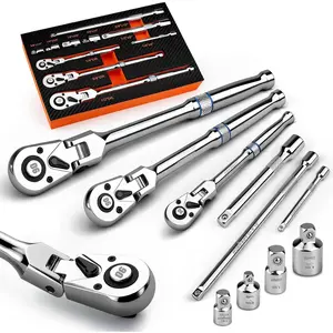 10- Flex- Ratchet Set, 1/4", 3/8" & 1/2" Drive Socket Wrenches, 90- Quick-Release Reversible Low-Profile, Extension Bars (4", 10", 6") & 4 Adapters for Automotive, , and  Repair