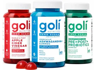 Goli Zero Sugar Trio - World's First 3-in-1 Pre, Post, Probiotic, Apple Cider Vinegar with Vitamin B12 and Probiotics, Ashwagandha & L-Theanine, Vitamin D Gummies, 90 Count (3-Bottle Set)