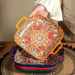 Bohemian Hand-Painted Floral Baking Set - Baking Dish Set, Baking & Fermentation Tray, Microwave Safe, Kitchen/Dining/Living Room Tableware