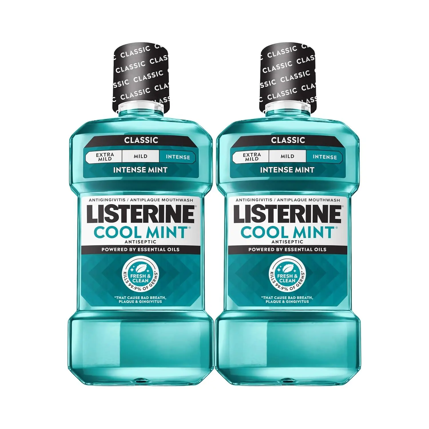 Listerine Cool Mint Antiseptic Mouthwash, Intense Mint, 33.8 fl. oz/1L x 2 | Kills 99.9% of Germs That Cause Bad Breath, Plaque, and Gingivitis, ADA-Accepted, Daily Oral Rinse for Instant Fresh Breath