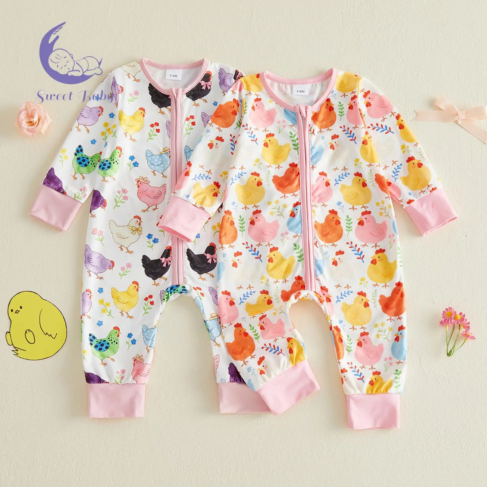 Baby Girl 100% Polyester Long Sleeve Zip-Up Romper Suit - Floral Rooster Print Bodysuit, Cute Newborn Outfits, Fall Baby Items 1-Piece Outfit with Zip-Up Front