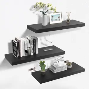 Floating Wall Shelves, Wall Mounted Rustic Wood Shelves for Bathroom, Bedroom, Living Room, Kitchen, Small Hanging Shelf for Books/Storage/Room Decor-Black-Set of 3 Decorative Metal