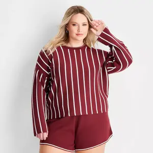 Women's Crew Neck Sweater - Future Collective Burgundy Striped 4X: Lightweight Pullover, Long Sleeve, Plus Size