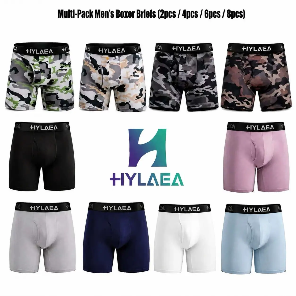Men's Multi-Pack Performance Boxer Briefs - Bamboo Cooling Plants-Based Underwear, 3D Contour Pouch, Anti-Odor, No-Chafe 5-Inch Legs, Camouflage Option, for Daily Wear, Relaxation, Commuting, Bamboo Fiber, Breathable, Contoured Pouch, Anti-Chafe Protectio