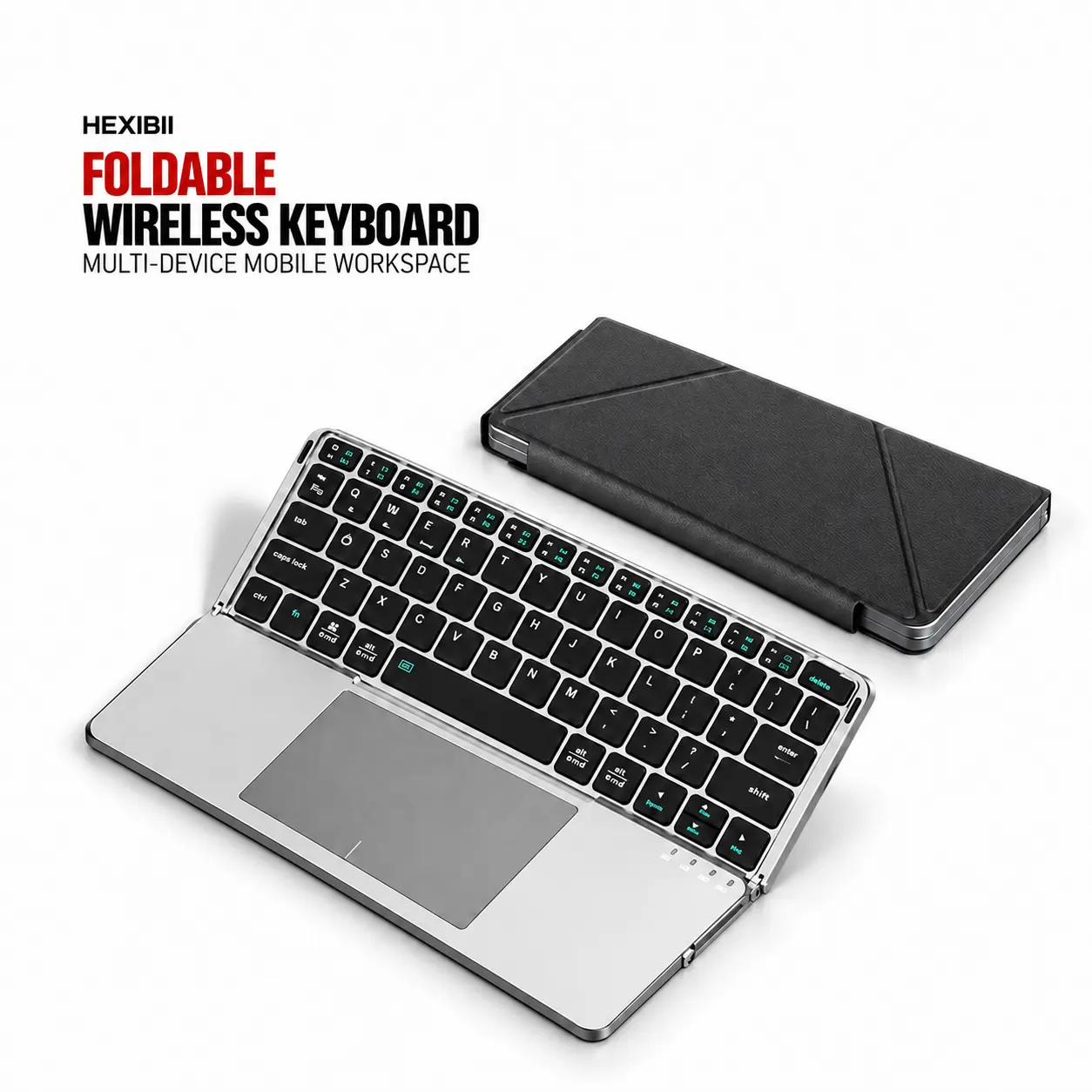 Foldable Wireless External Computer Keyboard with Detachable Leather Stand - Compact Ergonomic Design, Flexible, Touch Typing Mini Build, Compatible with Tablets & Multi-Devices, Office Work Accessories for Mobile Users