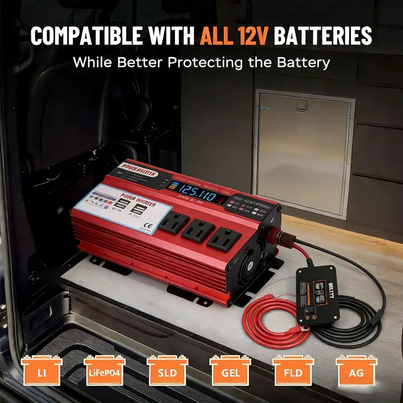 12V to 120V 5000W Power Inverter – for Camping, Road Trips & Emergency, Compact Sports & Outdoor Voltage Transformer with 3 AC Sockets, 4 USB Fast Charging Ports, 60Hz Consistent Frequency, ±10% Stable Voltage