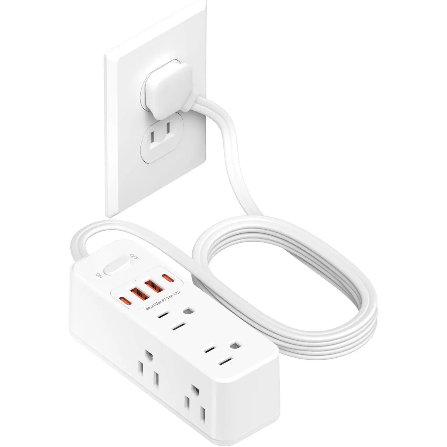 2 Prong Power Strip,  2 Prong to 3 Prong Outlet Adapter,1400J Two Prong Surge Protector,5ft Extension Cord, 6 AC Outlets with 2 USB C & 2 USB A Ports, Wall Mountable, Ideal for Old House
