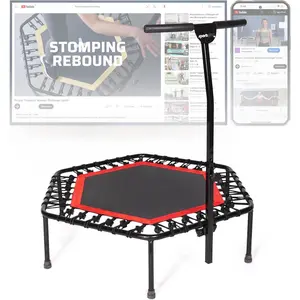 + Indoor Trampoline, Blue/Green/Red, Rebounder  Fitness Trampoline with Height Adjustable Bar