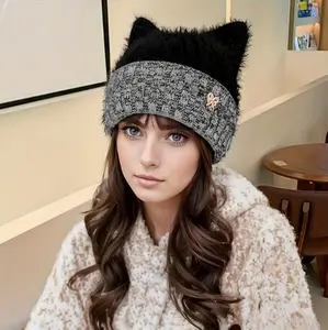 Elegant Knitted Cat Ear Hat with Pearl Butterfly Inlay Plush Warm Ear Protection Fashionable Color Blocked Beanie Fitted for Women Winter Essential