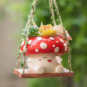 Mushroom Smiley Face Hanging Planter Pot with Drainage, Gardening Plant Gifts for Women Mother Plant Lovers - 3.9inch Opening