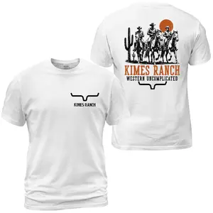 Kimes Ranch Cowboy Riders T-Shirt, Western Uncomplicated Graphic Tee, Three Horsemen Desert Sunset Back Print With Front Chest Horn Logo, Rodeo Ranch Casual Outfit, Soft Cotton Tee Gift For Men and Women