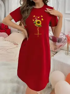 Soft Slightly Stretchy Women's Lingerie Faith Christian Sunflower Printed Short Sleeve Round Neck Nightgown Sexy Elegant Young Ladies Christmas Dresses Perfect for Halloween, Christmas and Thanksgiving!