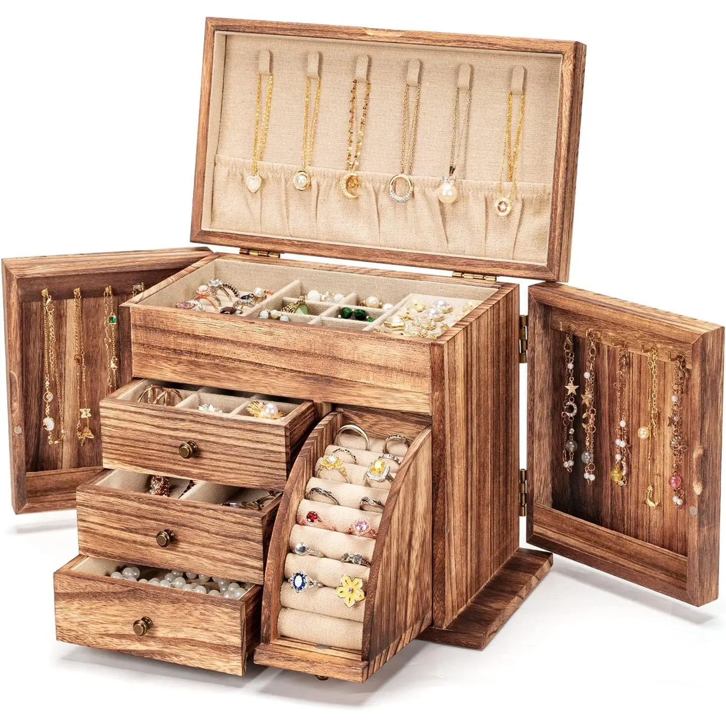 Box Organizer, Solid   Boxes for Women for Storage & Display Necklace Ring Earring Bracelet, Rustic Style  Organizer Box for Women Gifts (Carbonized Brown)