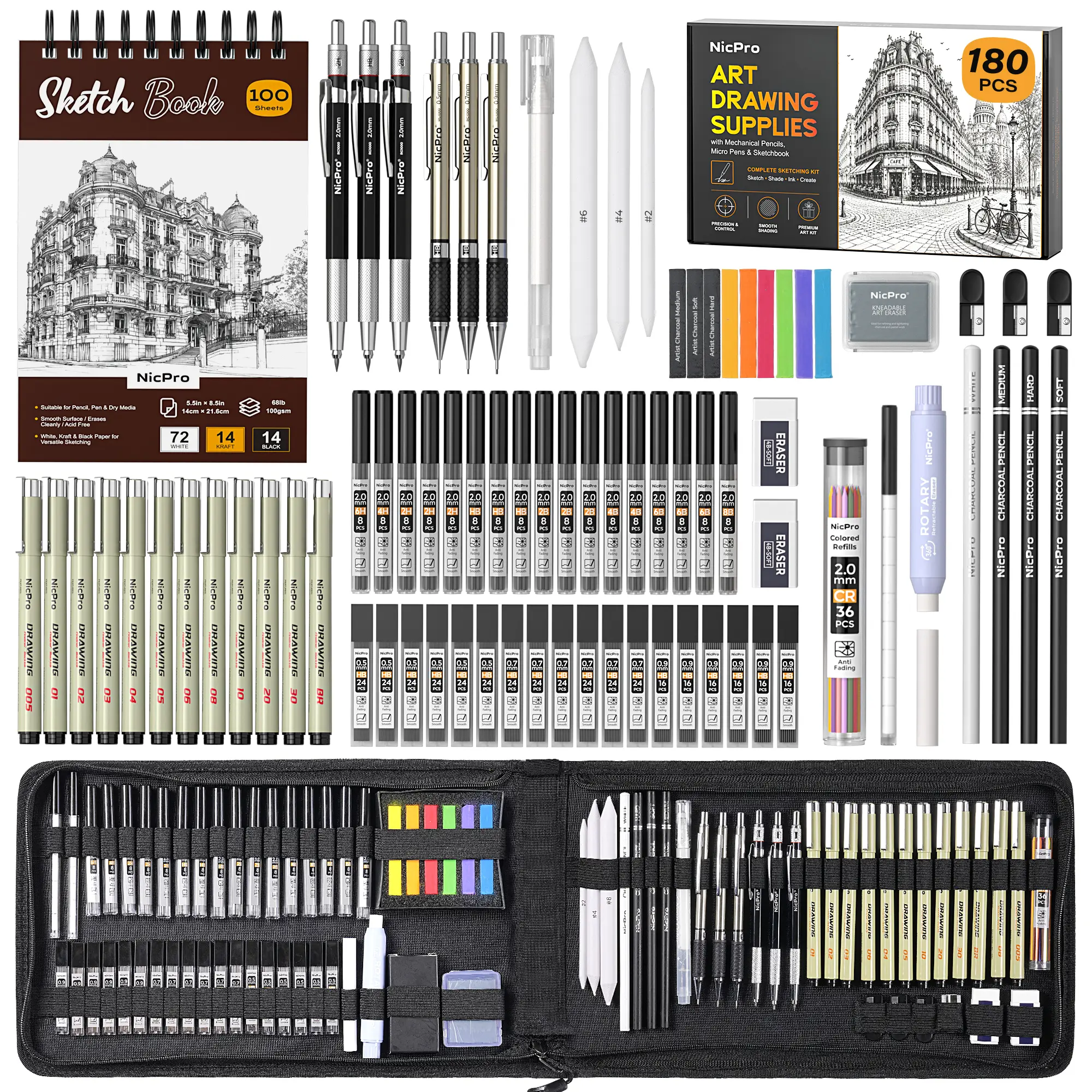 Nicpro 180 PCS Art Drawing Supplies Kit, Pro Art Supplies for Adult & Teens, Sketch Kit with Sketchbook, Micron Pen, Metal Mechanical Pencil, Charcoal Pencil & Sticks, Gift for Artists Sketching Drawing