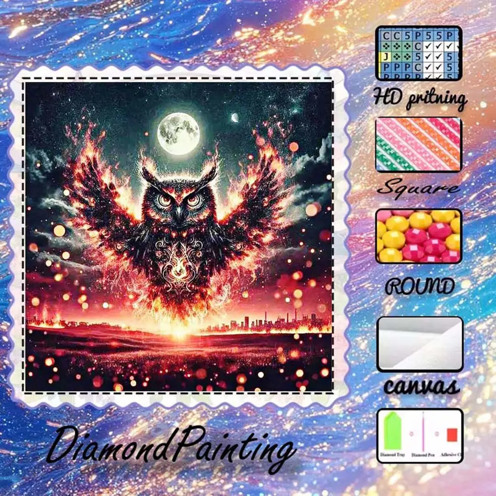 DIY 5D Flocking Fabric Diamond Painting Craft Kit, AB Rhinestones, Fairy Dust Rhinestones, Crystal Rhinestones, Owl, Flame, Moon Diamond Embroidery, Special Craftsmanship Diamond Art Kit, Wall Decor, Gift for Family, Loved Ones, and Friends